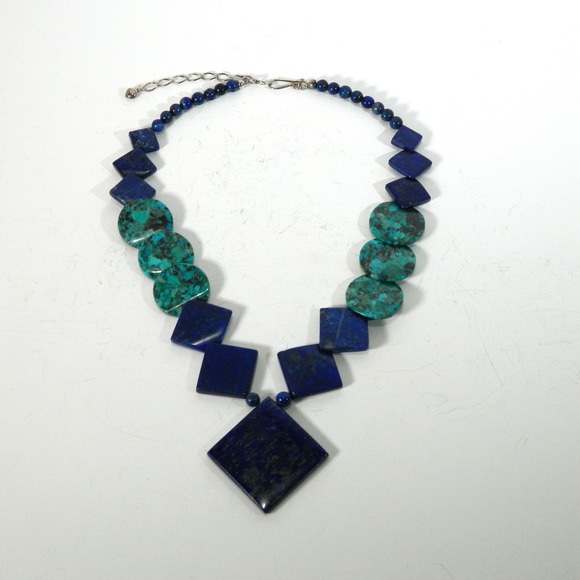 Jay King Mine Finds w Round Shaped Turquoise w/ Lapis Triangle Bead Necklace 925 - Picture 6 of 10